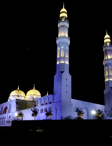 The mosque up close at night.