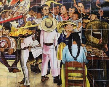 Detail of mural showing local vendors.